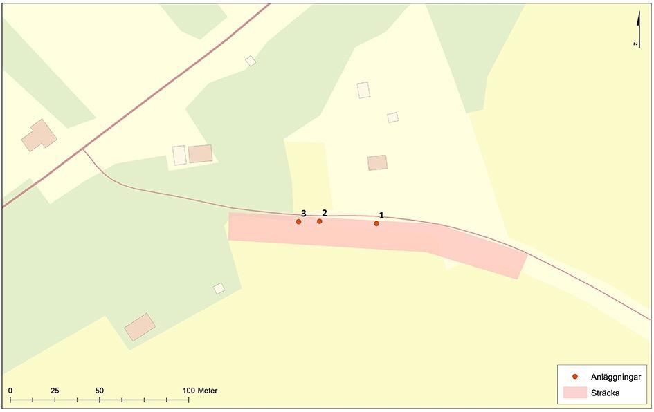 Fig 8. Bilden visar den kontrollerade delen av sträcka 1 samt var anläggningarna påträffades. 5. Tolkning och sammanfattning Förundersökningen har medfört schaktningsövervakning längs tre sträckor.