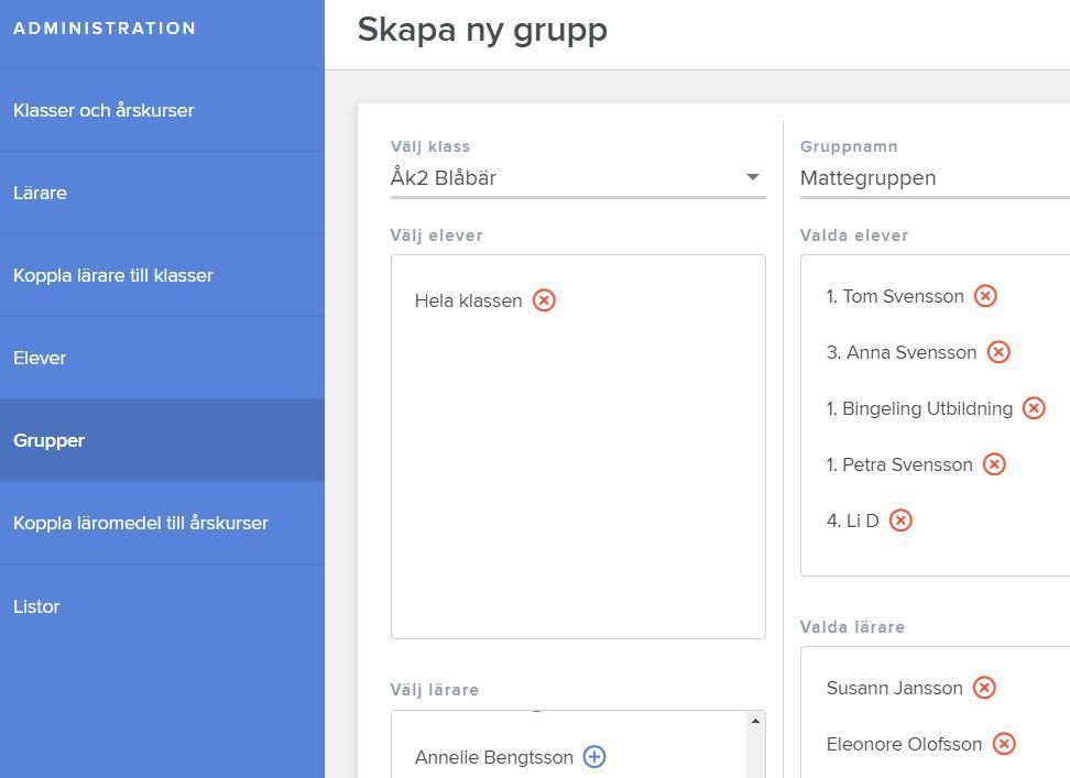 Grupper Du kan skapa en grupp i klassen, eller blanda elever från olika klassen. Den här gruppen kan du hantera som en klass dvs. ge uppgifter och följa i resultatvyn.