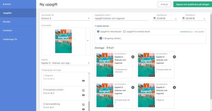 Bingel: Skapa uppgifter: Utifrån alla övningar som finns på öarna kan du som lärare skapa individanpassade uppgifter och att tilldela eleverna.