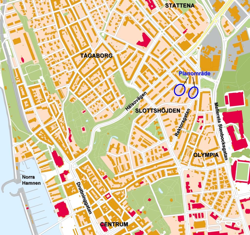Planområdets läge. Planförslag Detaljplanen avses pröva en komplettering av befintlig bebyggelse.