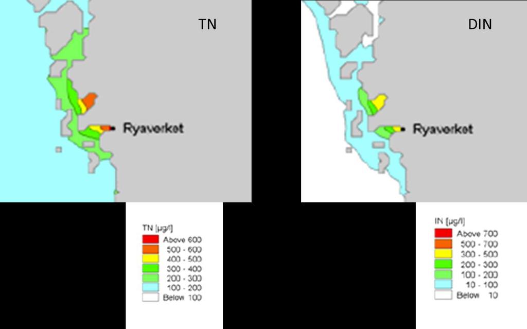 Figur 4-3 Koncentrationen av totalkväve, till vänster och löst oorganiskt kväve, till höger, i ytvattnet från jun-sep. Från modellscenario 4.