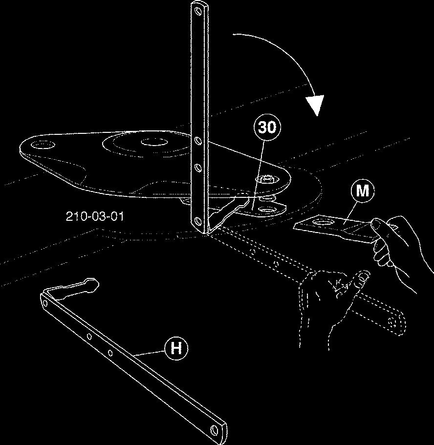 Böjda, skadade och/eller nerslitna fästen (30) får inte längre användas. Byte av slåtterklingor 1. För spaken (H) fram till slåtterskivans anslag pos.a från vänster eller höger sida. 2.