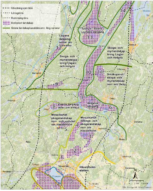 5.13 Landskapskomplex För att förtydliga resultatet av landskapskaraktärsanalysen och för att öka förståelsen för landskapets komplexitet i en övergripande skala har en sammanvägd bild av landskapens