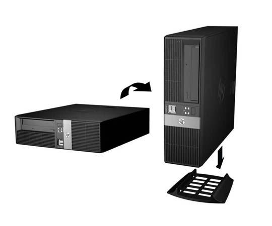 Ändra från bordsdator till tornkonfiguration Datorn kan användas i stående läge med hjälp av ett stativ (tillval) som finns att köpa från HP. 1. Ta bort alla flyttbara medier, t.ex.