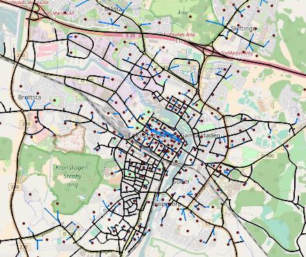 Däremot är återvändsgator och mindre villagator inte med i modellen eftersom en sådan detaljeringsgrad kräver mycket information om bostadsområdena. Figur 2: Trafikmodellen över Eskilstuna.
