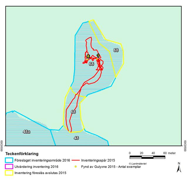 Figur B1-22. Våtmark 68. Gul prick visar förekomst av gulyxne 2015. Totalt påträffades 7 individer inom våtmarken.