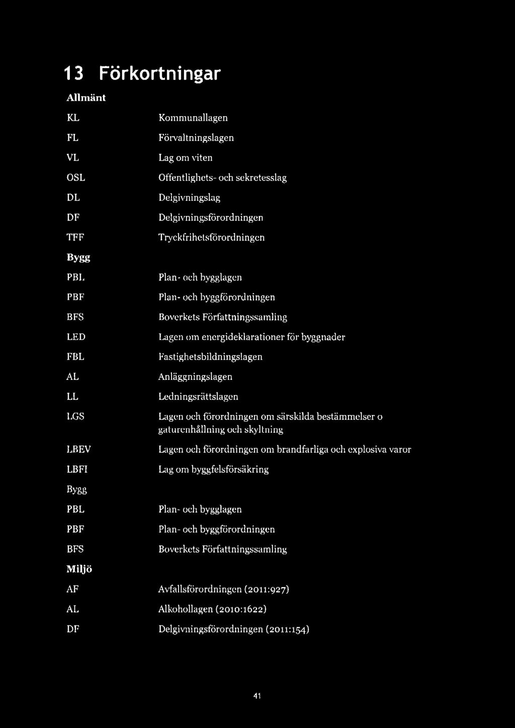 13 Förkortningar Allmänt KL FL VL OSL DL DF TFF Bygg PBL PBF BFS LED FBL AL LL LGS LBEV LBFI Kommunallagen Förval tni ngslagen Lag om viten Offentlighets- och sekretesslag Delgivningslag