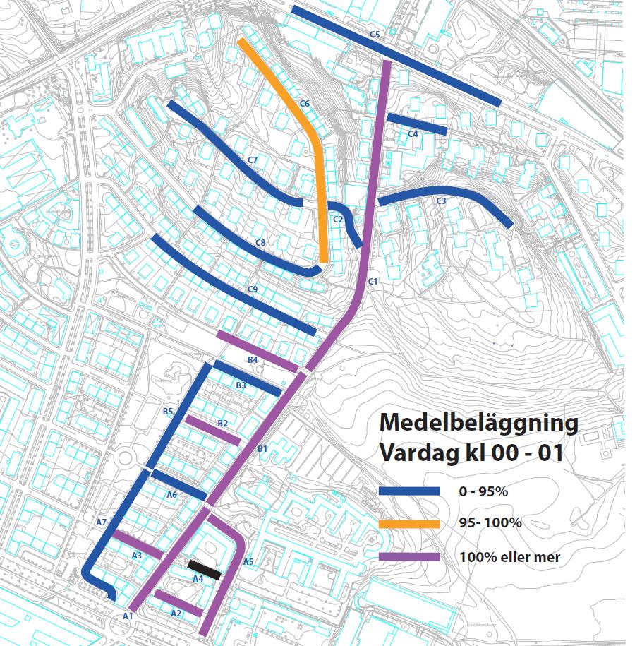 Figur 10: Medelbeläggning per gata/gatuavsnitt under vardag natt Under nattetid vardag, är beläggningen låg sett över hela området.