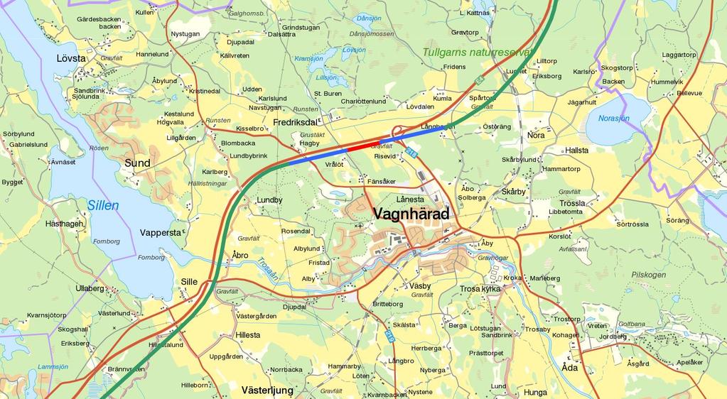 För att klara kurvradierna och följa E4 genom Trosaåns dalgång måste hastigheten sänkas till omkring eller strax under 200 km/h.