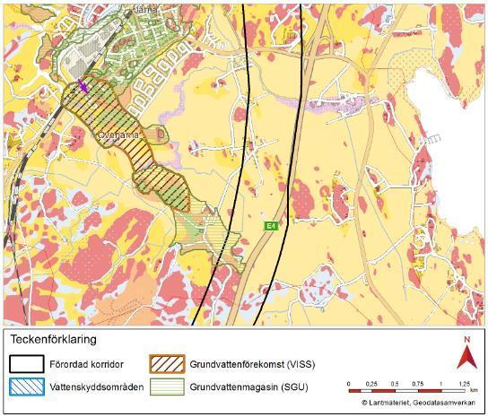 Figur 1. Hydrogeologisk karta med grundvattenförekomst Överjärna (SE655218-160072) och dess lokalisering i förhållande till förordad korridor.