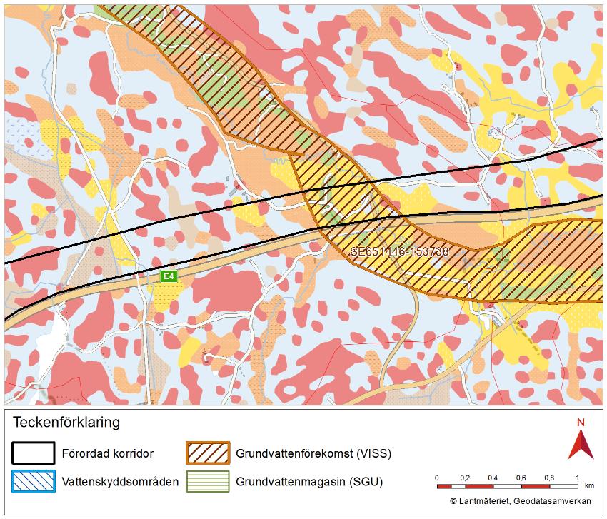 4.13. Grundvattenförekomst längs Vretaån (SE651446-153738) Förutsättningar Ett grundvattenmagasin förekommer i en isälvsavlagring i Vretaåns dalgång, se Figur 11.