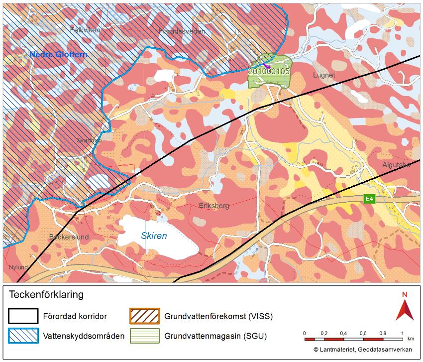 4.15. Grundvattenmagasin SGU ID 201000105 Förutsättningar Isälvsavlagringen finns i Getåravinens norra del och tangerar vattenskyddsområdet för Nedre Glottern, se Figur 13.