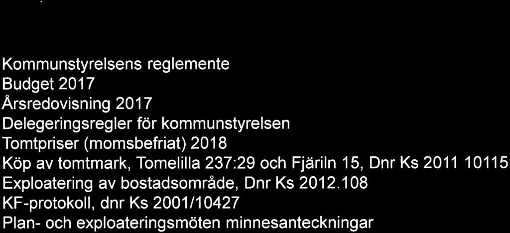 Kommunstyrelsens reglemente Budget 2017 Årsredovisning 2017 Delegeringsregler för kommunstyrelsen Tomtpriser (momsbefriat) 2018 Köp av tomtmark, Tomelilla 237:29 och