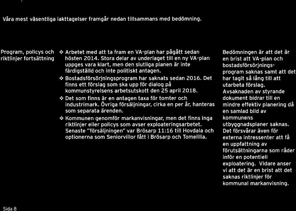 Våra mest väsentliga iakttagelser framgår nedan tillsammans med bedömning. Bedömning Program, policys och riktlinjer fortsättning Arbetet med att ta fram en VA-plan har pågått sedan hösten 2014.