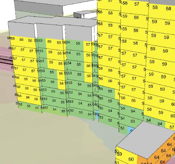 repo001.docx 2012-03-29 Figur 3. Lägenheter med ekvivalenta ljudnivåer under 55 db(a). Beräkningar har även utförts där balkonger mot innergården tas i åtanke vid modelleringen av byggnaden.