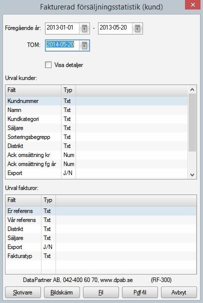 Fakturerad försäljningsstatistik - kund Denna rapport sorterar efter kund och dess försäljningsstatistik per månad samt månaden förgående år, ackumulerat i år och föregående år.