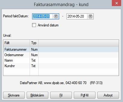 Fakturasammandrag - kund Denna rapport tar fram en kunds faktura och visar de uppgifter som finns