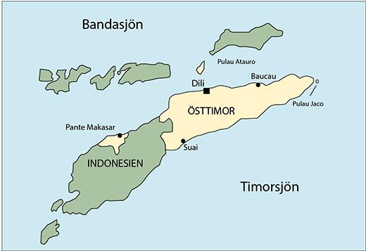 Tid svensk + 8 timmar Angränsande land/länder Indonesien, havsgräns mot Australien Huvudstad med antal invånare Dili 234 000 (folkräkning 2010) Övriga större städer Baucau 46 500, Ermera 33 500,