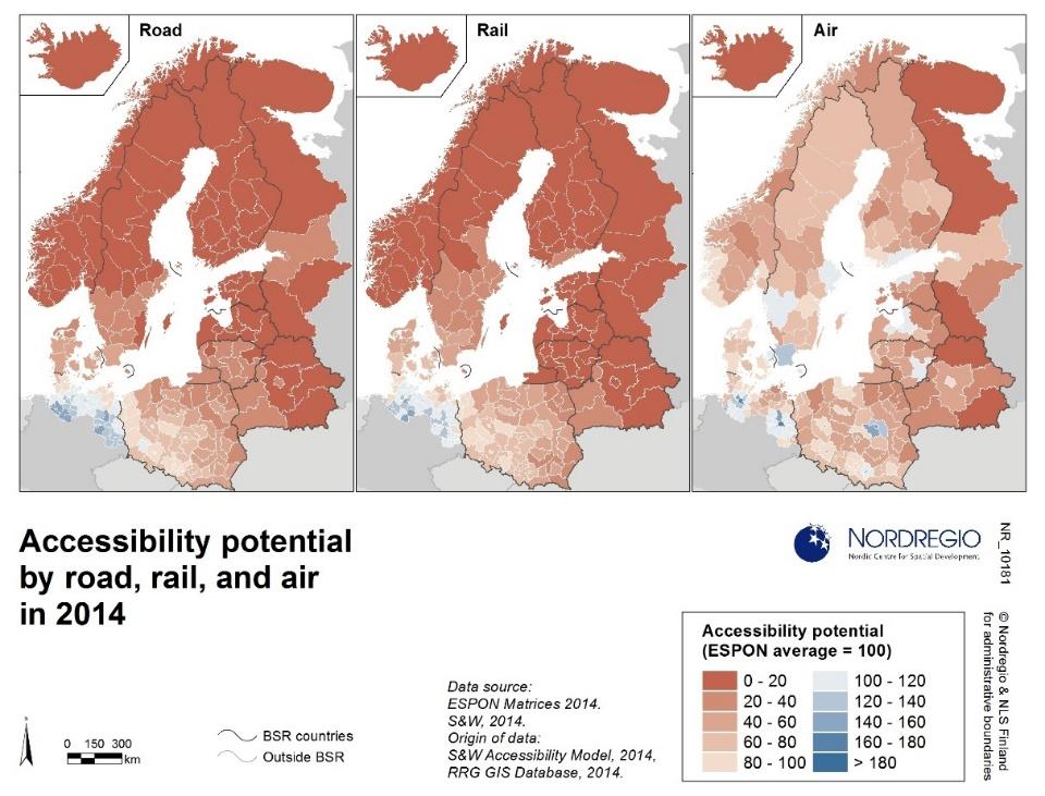 Figur 2.1. Tillgänglighet (väg, järnväg och flyg), 2014. Källa: Nordregio. http://www.nordregio.