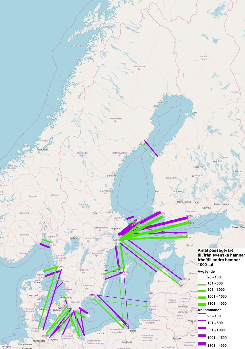 Figur 3.8. Antal passagerare till/från svenska hamnar från/till andra hamnar. Anm: Linjer med ett underlag som understiger 20 000 passagerare har exkluderats.