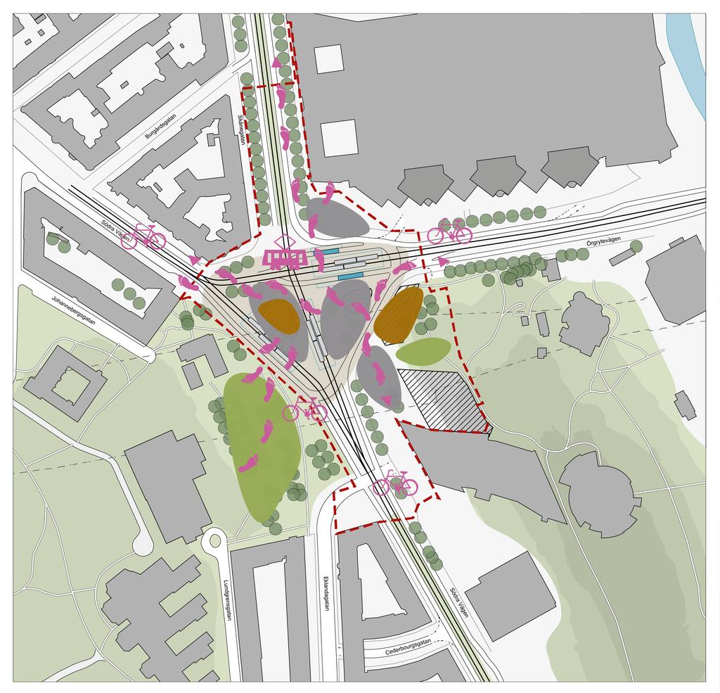 Vistelse Bebyggelse Trafiken tonas ner till förmån för vistelse, med nya platsbildningar i Korsvägens mitt och längs kanterna.