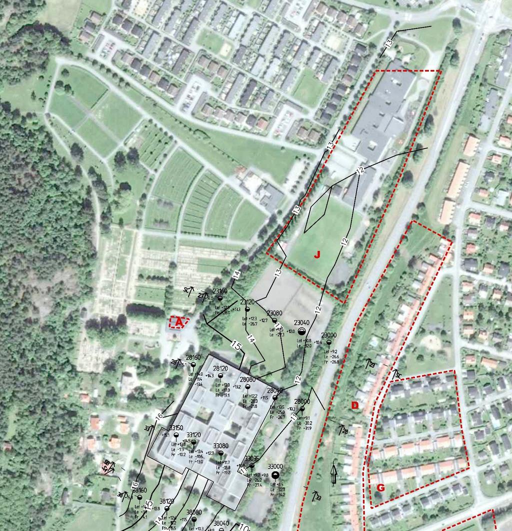 Figur 2. 3 Redovisning av beräkningssektioner (SA, SB och SC) samt planerade marknivåer.