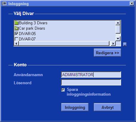 Svenska Divar Control Center Användarhandbok Komma igång SV 6 Inloggning När du startar Control Center-programmet visas fönstret Login (logga in).