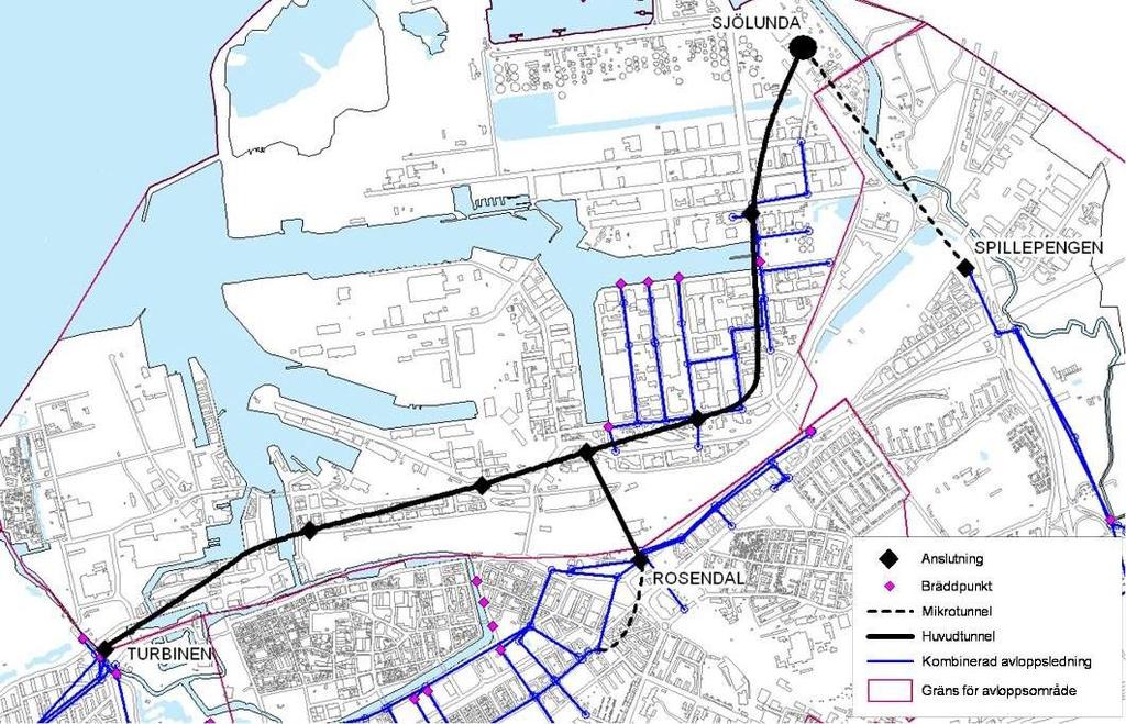 Figur 3-4 Föreslagen sträckning för Malmö avloppstunnel. Tunnelns längd skulle då uppgå till 5,6 km och mikrotunnlarna totalt till 2,4 km.
