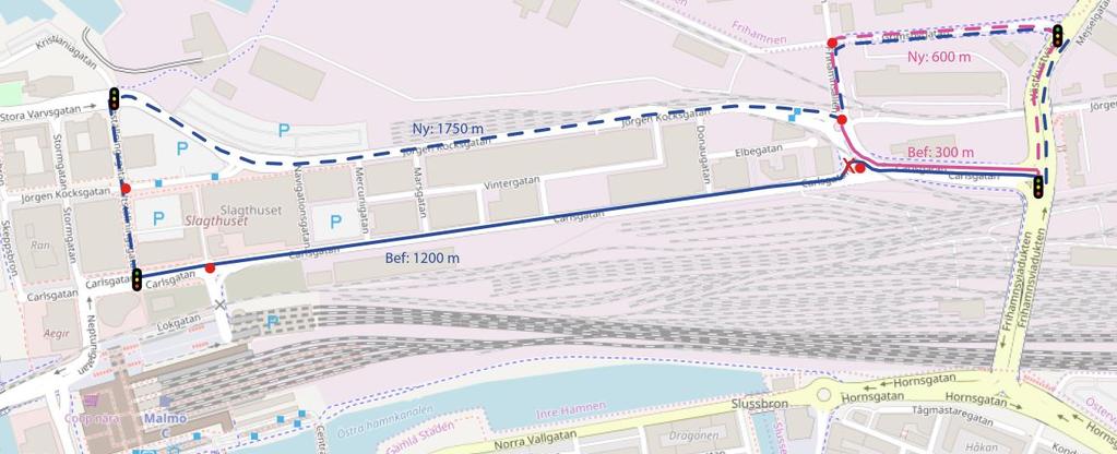 Figur 3-13 Trafikomledning vid rörbrott på Frihamnsallén vid korsningen