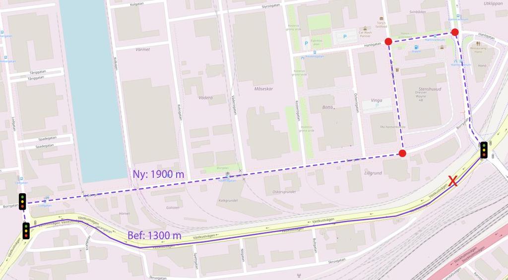 Figur 3-14 Trafikomledning vid rörbrott på Västkustvägen där