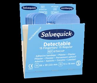 Innehåller x 5 Salvequick Blue Detectable plåster (REF 675CAP).
