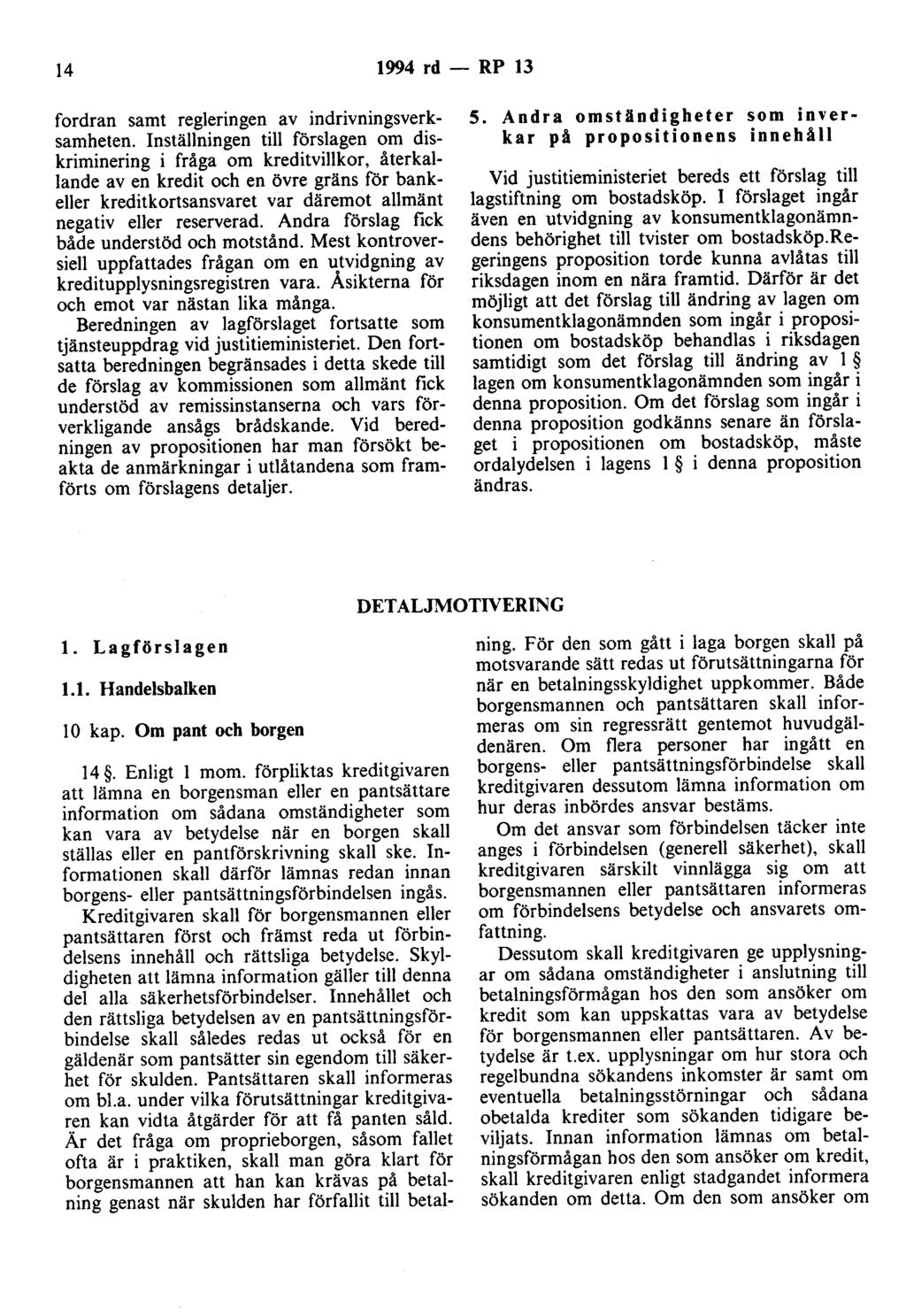 14 1994 rd - RP 13 fordran samt regleringen av indrivningsverksamheten.