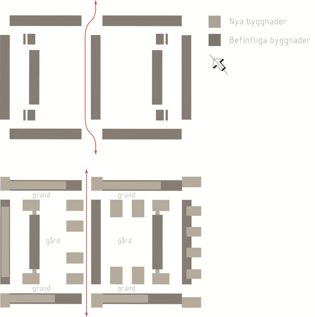 Den övre illustrationen visar befintliga entréer till kvarteret. Den undre illustrationen visar nya entréer som möjliggörs i planen.