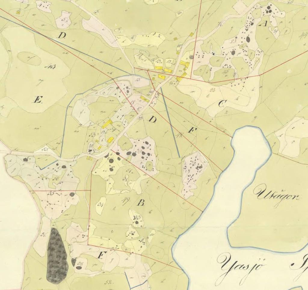 Vid en jämförelse mellan denna karta från 1826 och dagens kartbild syns att de tre gårdarna ligger kvar i samma lägen, och att en utskiftad gård tillkommit sydost därom.