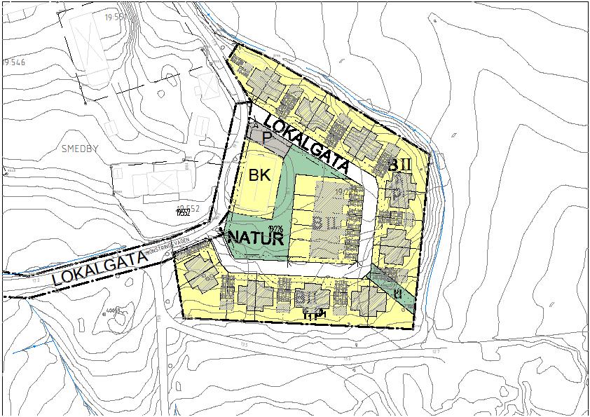 Bild 1. Smedby 19:226 - detaljplan, befintliga förhållanden med markerad vattendelare 1.