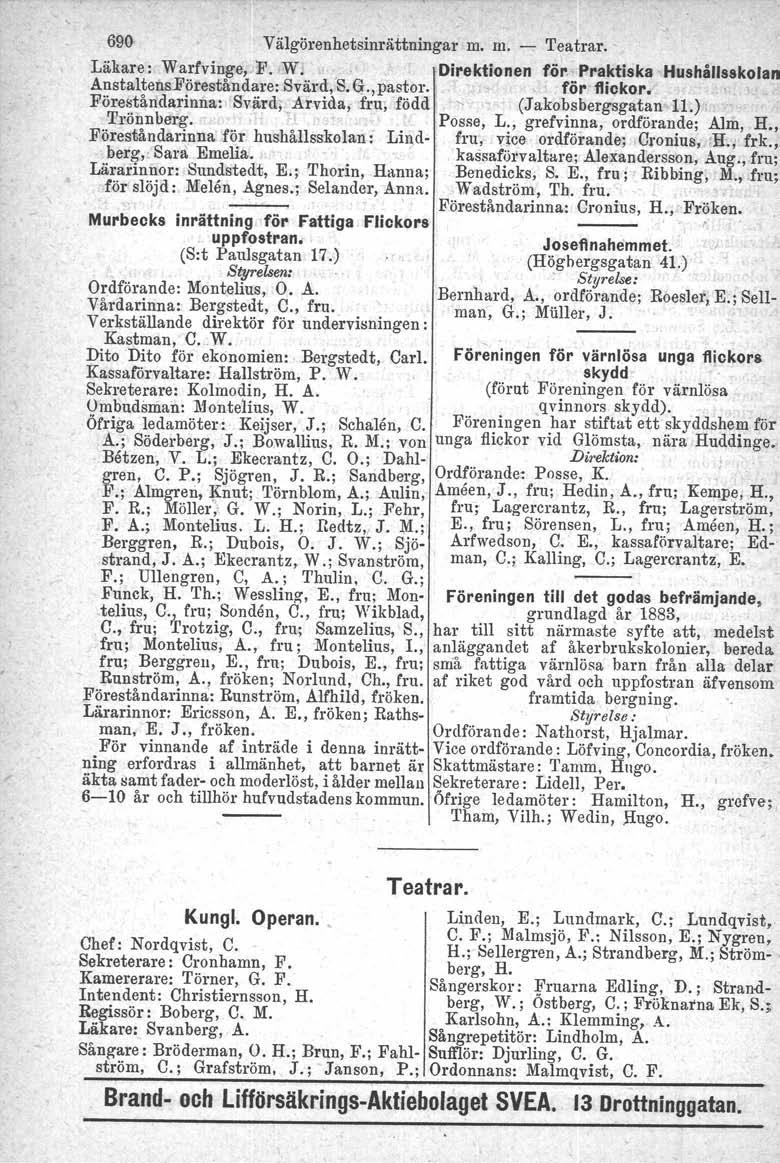 690 Vålgörenhetsinråttnlngar m. m. - Teatrar.. Läkare: Warfvinge, F. W" Direktionen för, Praktiska Hushållsskolan AnstalteiJ.sFöreståndare: Svärd,S.Q.,pastor. I för flickor.