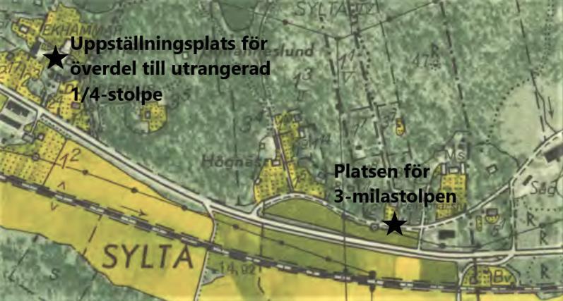 Typ: Helmilstolpe (3-mil från Stockholm). Trästolpar på vardera sidan om vägen, från 1754 en stenstolpe på vägens norra sida.