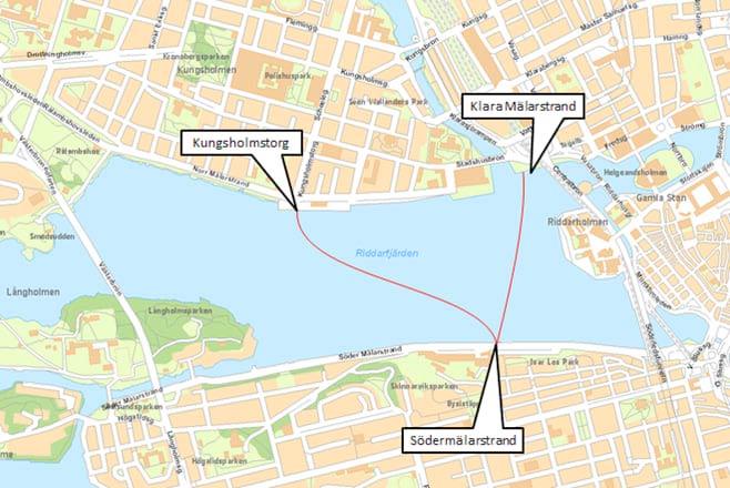 Båtlinjen över Riddarfjärden (under avveckling 2017) Bild: SLL Linje 85 som går över Riddarfjärden: Klara Mälarstrand - Söder Mälarstrand - Kungsholmstorg. (Planerar man att lägga ner f.n. och återupptas först när ombyggnaden av Slussen är klar) Linjekarta, linje 89.