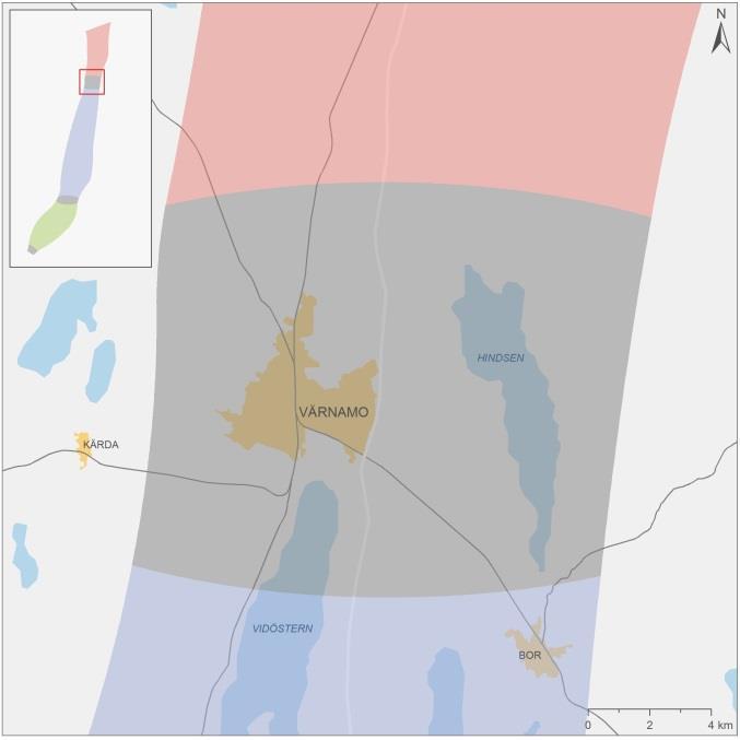 Figur 4. Utredningsområdet för Värnamo, indelat i västligt, centralt och östligt på bilden till höger. 2.3.