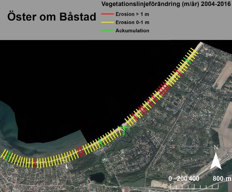 Figur 4-7 Vegetationslinjeanalys av kustremsan öster om Båstad (Malen, Hemmeslövsstrand,