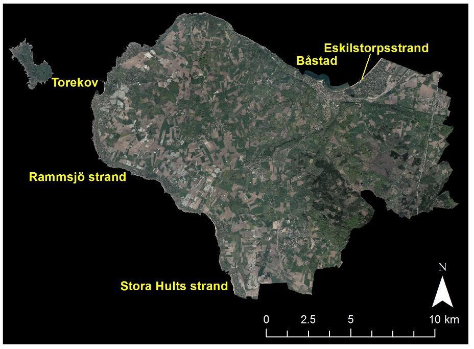Figur 5-2 Översiktskarta Båstad kommun. Områden utredda för möjliga konsekvenser av 100-årshögvatten för infrastruktur.