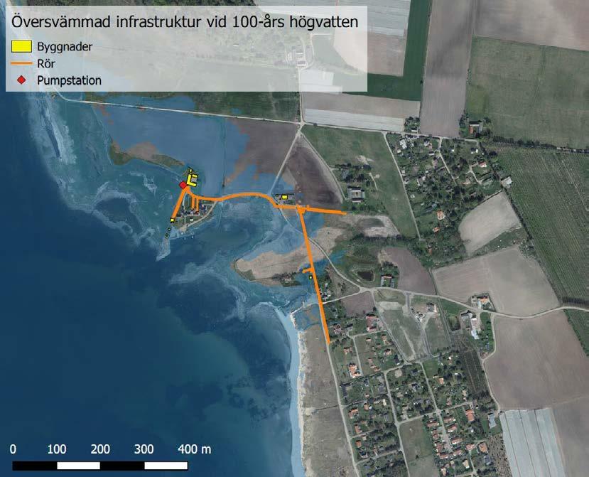 5.3.1 Stora Hults strand I Lervik, norr om Stora Hults strand finns ett antal fastigheter, anslutande VA-nät och en avloppspumpstation som riskerar att översvämmas vid ett 100-årshögvatten år 2015