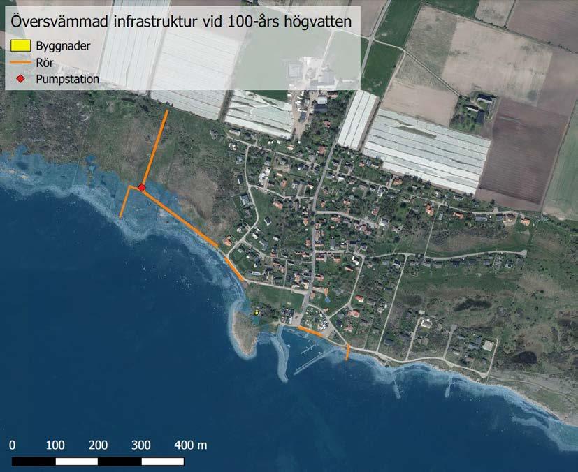 5.3.2 Rammsjöstrand För ett 100-årshögvatten år 2015 är översvämningsproblematiken i Rammsjöstrand marginell, men en fastighet i anslutning till hamnen och mindre delar av VA-nätet riskerar att hamna