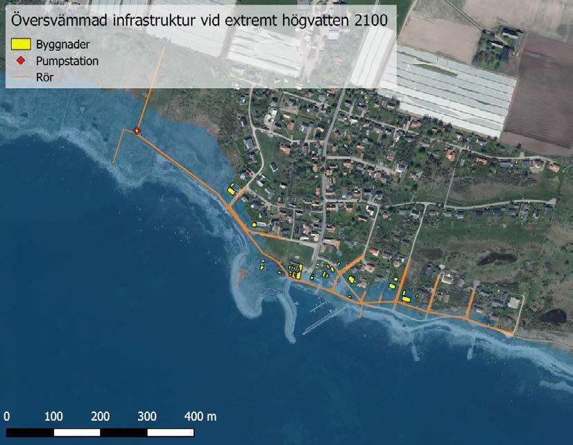 Figur 5-6 Översvämmad infrastruktur vid Rammsjöstrand strand vid ett extremt högvatten år