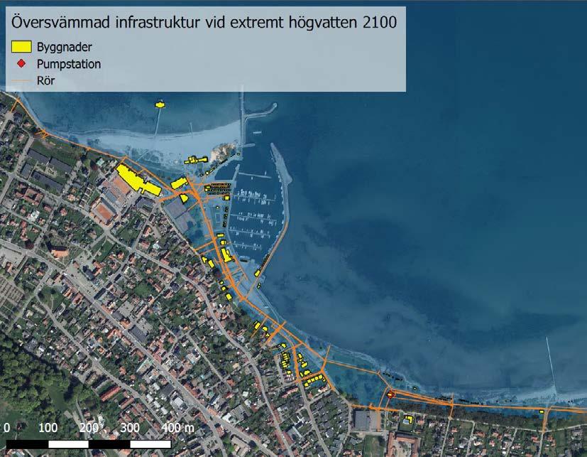 Figur 5-10 Översvämmad infrastruktur i Båstad vid ett extremt högvatten år 2100 (+3,4