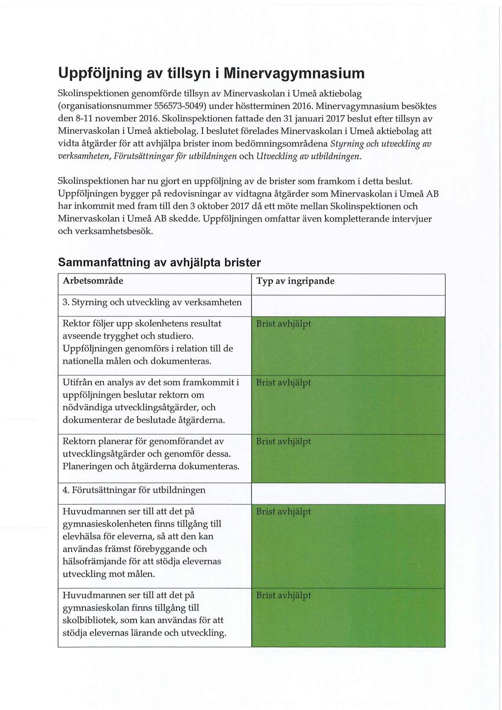 Uppföljning av tillsyn i Minervagymnasium Skolinspektionen genomförde tillsyn av Minervaskolan i Umeå aktiebolag (organisationsnummer 556573-5049) under höstterminen 2016.