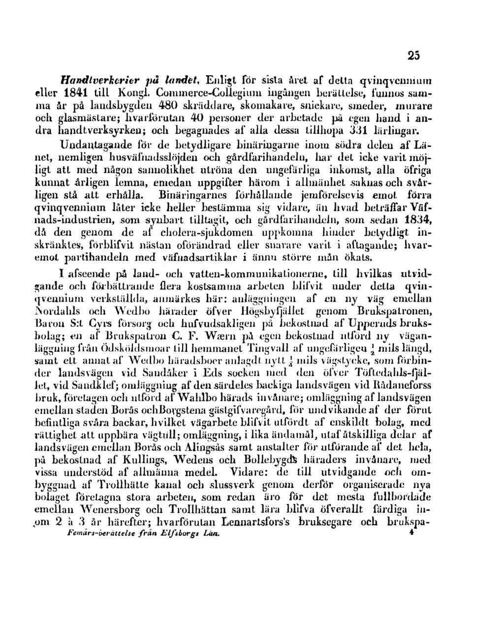 Handtverkerier på landet, Enligt för sista året af delta qvinqvcnniuin eller 1841 till Kongl.