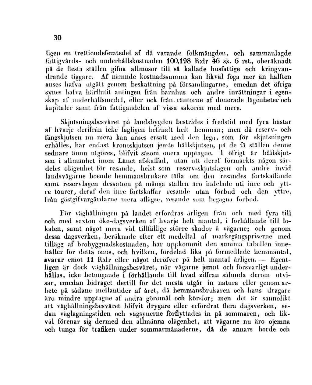 30 ligen en trettiondefemtedel af då varande folkmängden, och sammanlagde fattigvårds- och underhållskostnaden 100,198 R:dr 46 sk. 6 rst.
