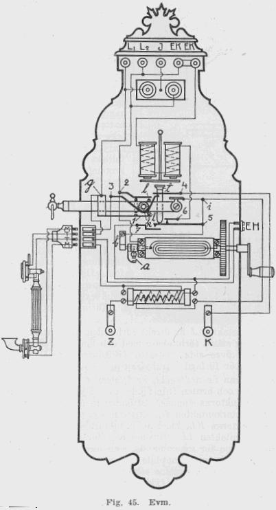 ytterkontakten K. 19. Ericssons väggapparat med mikrotelefon (Evm). Förenklat ledningsschema visas i fig. 44 samt fullständigt ledningsschema i fig. 45.