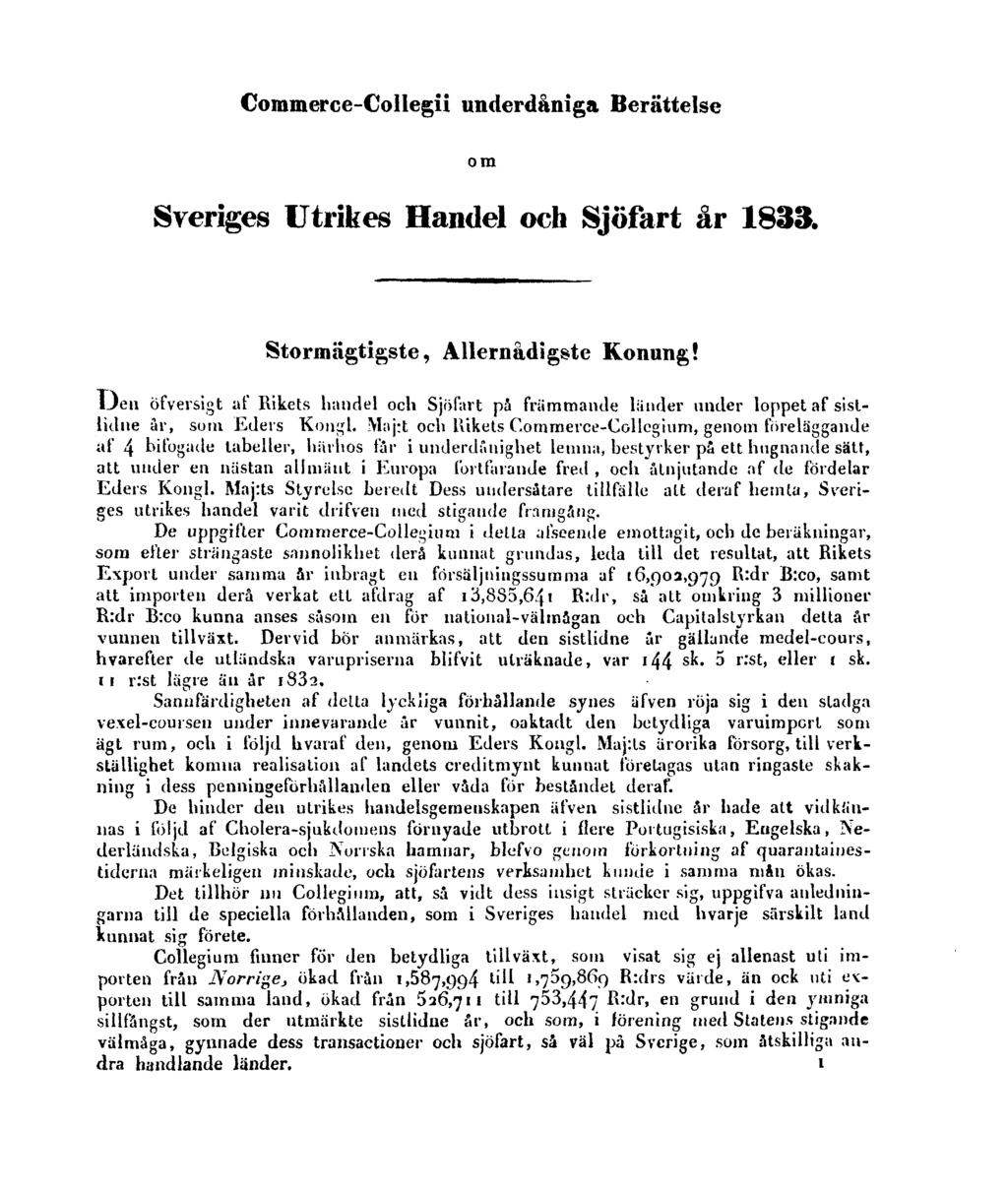 Commerce-Collegii underdåniga Berättelse om Sveriges Utrikes Handel och Sjöfart år 1833. Stormägtigste, Allernådigste Konung!